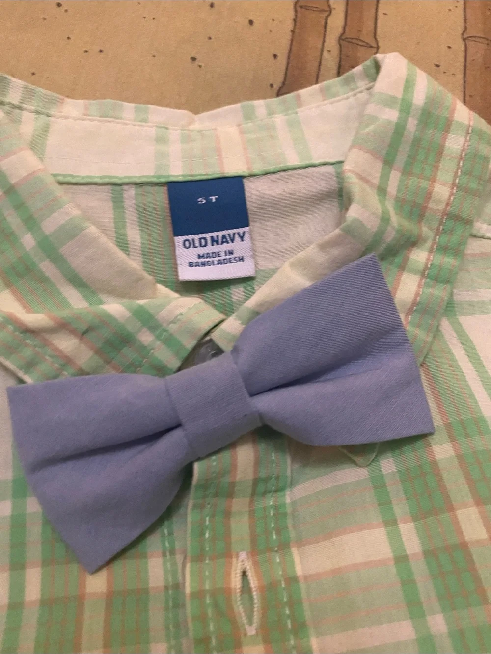 Old Navy Light Green Plaid Shirt with Cream Shorts and Blue Bow Tie